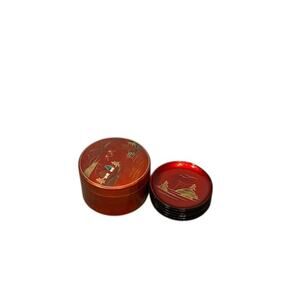 Japanese Red Gold Lacquerware Box and Coasters Set Vintage Set of 6